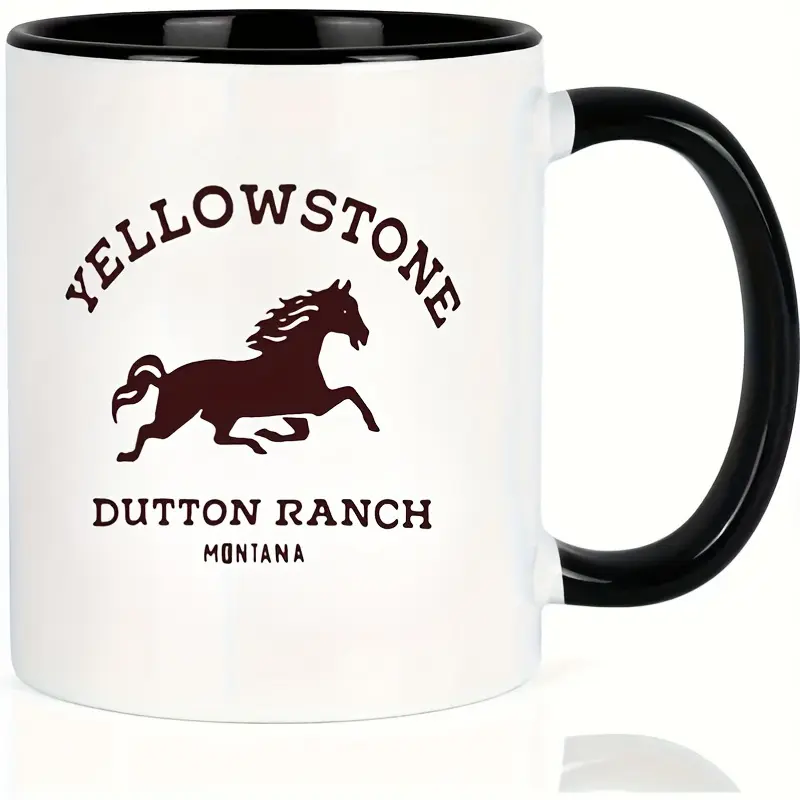 1pc 11oz Yellowstone Dutton Ranch Montana Ceramic Coffee Mug - White with Black Handles, Horse Print, Portable, Casual Home & Picnics Use, Durable Washable Cup, Ideal for Dad's Birthday Gift