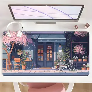 Cozy Cafe Street Scene XXL Extended Gaming Mouse Pad, Anime Floral Desk Mat, Non-Slip Rubber Base Desk Mat, For Home Office Large Desk Pad, Cute Desk Decor Gift, Desk Accessories Decor