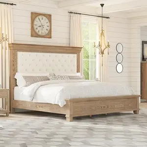 VanAcc Rustic Solid Wood Bed Frame with 68" Tall Headboard, Farmhouse Chenille Upholstered Panel Platform Bed Mattress Frame, Button Tufted/Antique Brass Nail Trim/No Box Spring Needed, Milk Ash