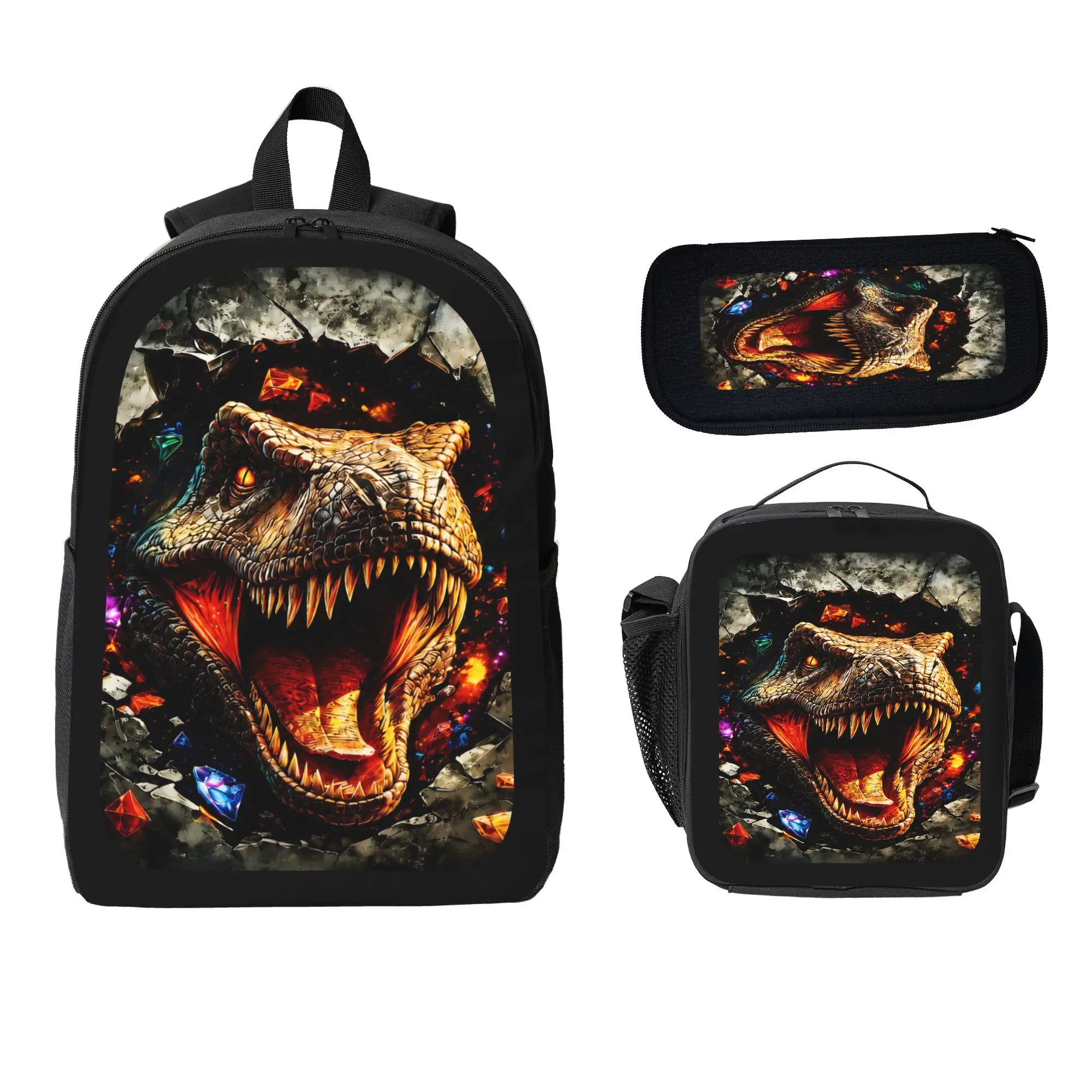 Dinosaur Pattern Printed 17 Inch Backpack School Three Piece Set Backpack Lunch Bag Pencil Case Kids Teen Backpack Large Capacity Lightweight Durable School Bag Back To School Gift Unisex Fashion Travel Backpack Set Summer Essentials