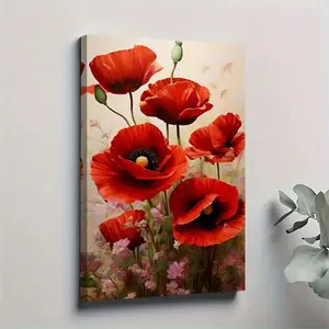 1 piece 2D, featuring poppy art oil painting, poster, wall decoration, suitable for living room, dining room, garage, office, bar, courtyard, decorative painting, solid wood frame, size 11.81inch * 17.72inch