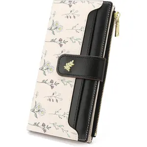 Womens Wallet Slim Thin RFID Blocking Floral Vegan Leather Card Holder Bifold Long Ladies Wallet with Zipper Pocket
