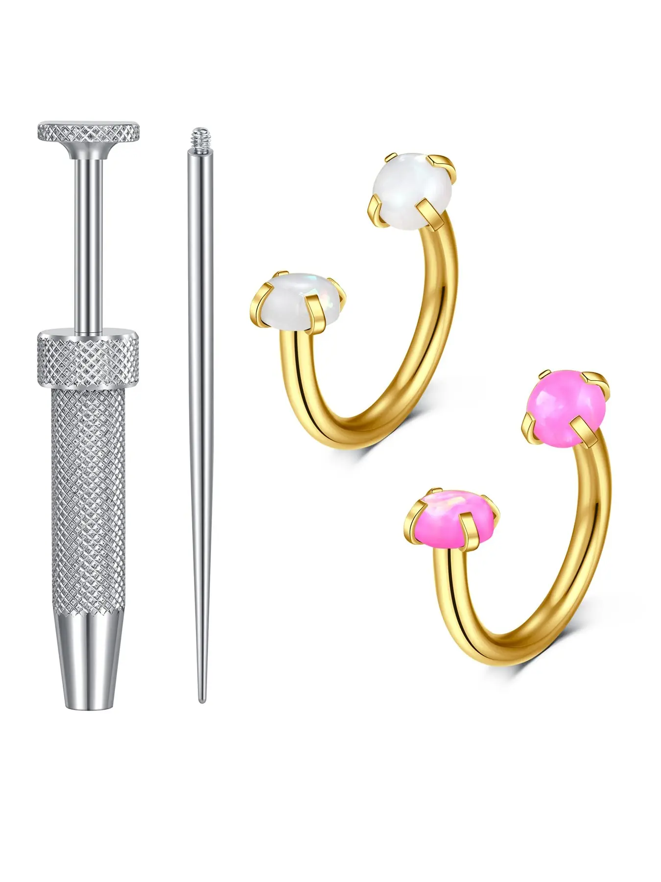 Horseshoe Nose Rings Hoops 18G Double Gem Opal Pink Heart Horseshoe Nose Rings for Women, Septum Clicker Daith Tragus Helix Rook Eyebrow Lip Piercing Taper Ball Grabber Tool Body Piercings Set