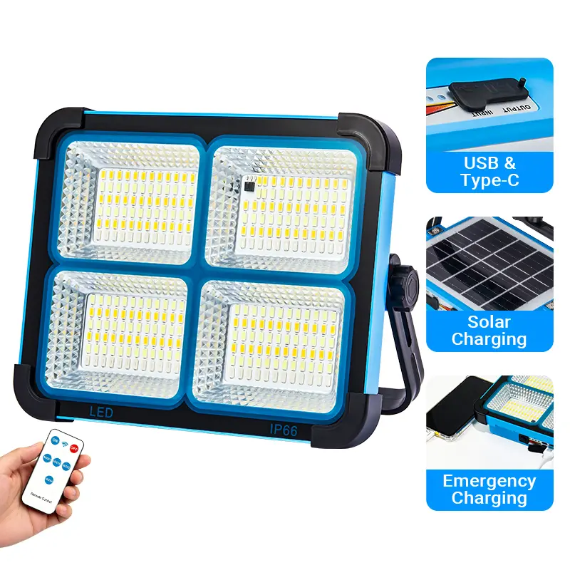 Qawtor Solar Rechargeable LED Work Flood Light - 288 Super Bright 5730 Beads, USB & Type-C Fast Charging, 5 Lighting Modes, SOS Mode, Foldable, IP66 Water Resistant Portable Lamp for Camping, Emergency Use