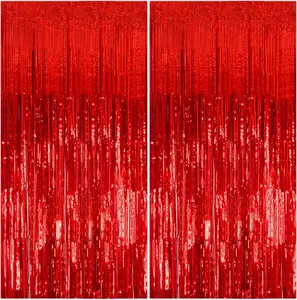2 Pack Foil Curtain Backdrop Red Metallic Tinsel Foil Fringe Curtains Photo Booth Props for Birthday Wedding Engagement Baby Shower Bachelorette Christmas,Valentines Day  Holiday Celebration Party Decorations