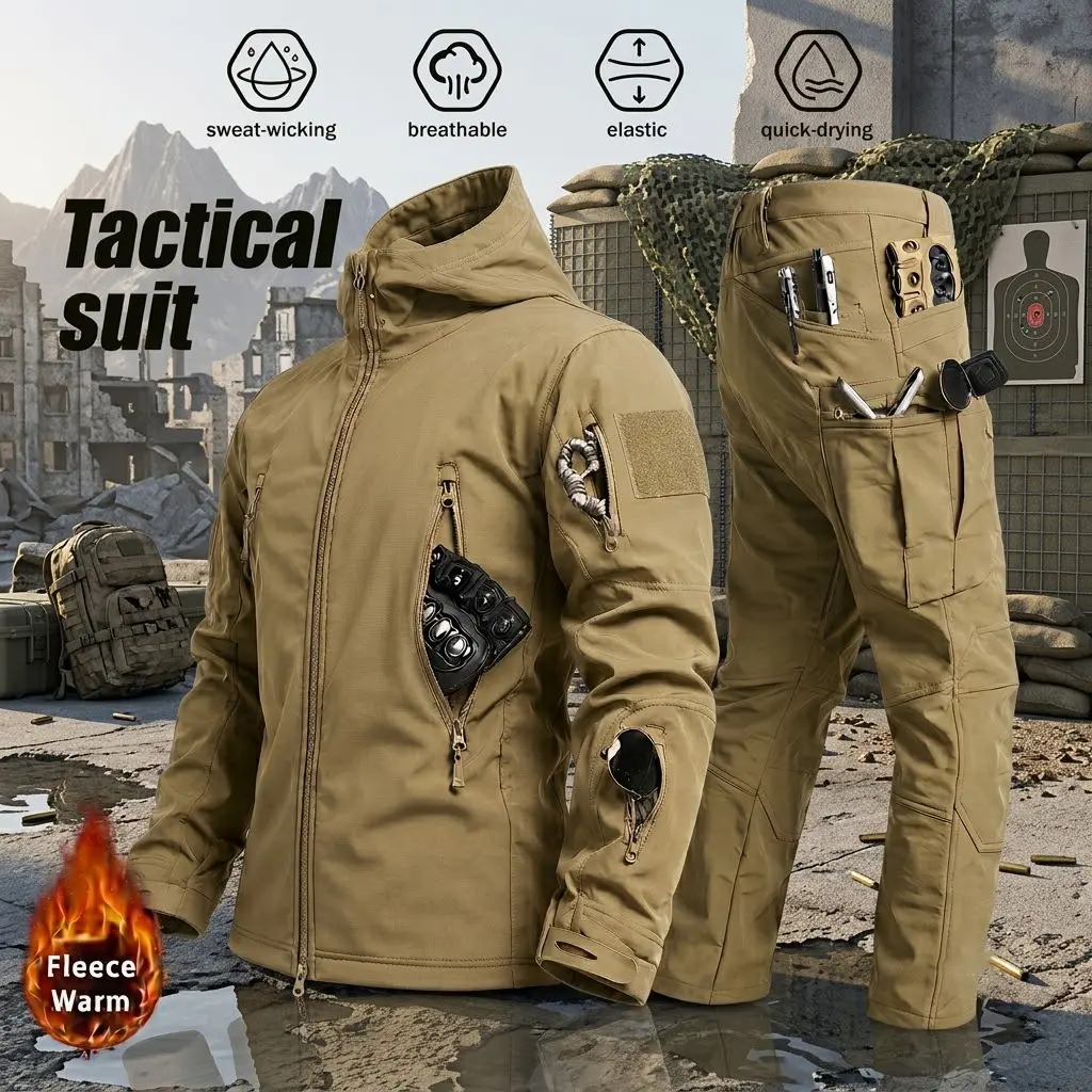 Men’s new thick fleece two-piece set featuring a windproof jacket and hooded sweatshirt, designed for autumn and winter, with multiple pockets, stretch fabric, and thermal insulation—ideal for hiking, skiing, fishing, and outdoor activities. Tactical styl