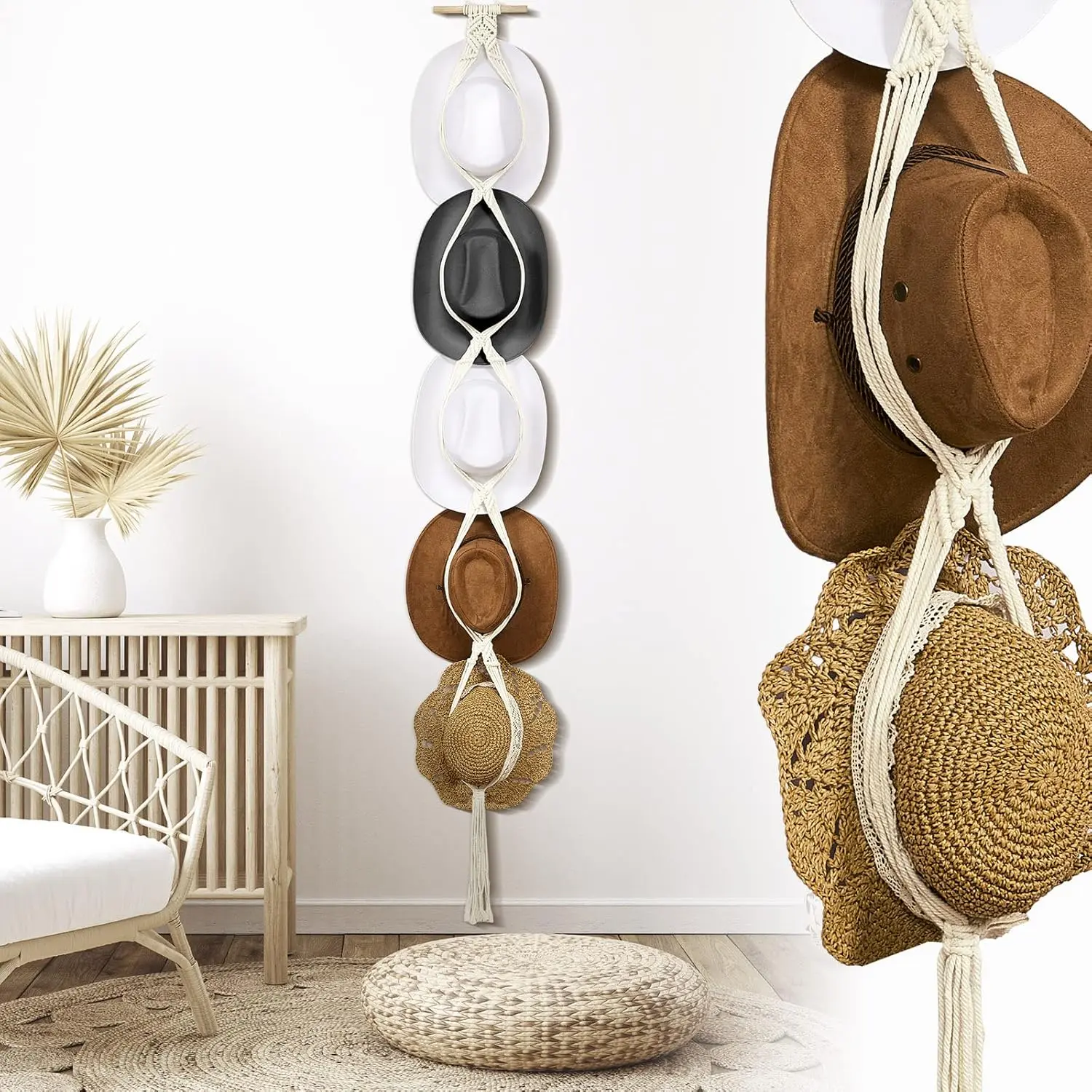 Macrame Hat Hangers Boho Hat Hangers for Wall Bohemian Women Hat Rack Hat Organizer for Wall Hanging Hat Display Hand Weaving