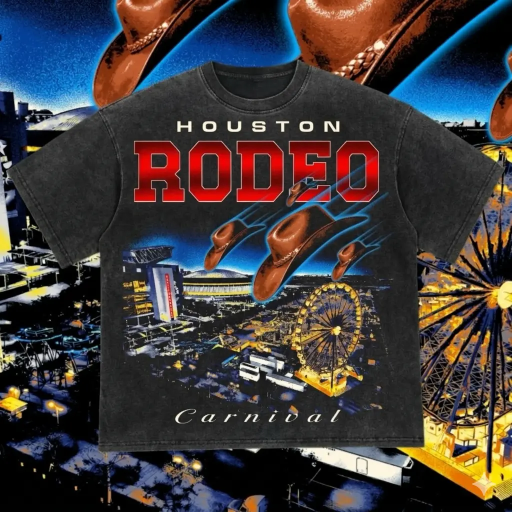 Vintage 90s Houston Rodeo Carnival Tee, Retro Streetwear Oversized, Acid Wash Western Graphic Tee, Western Night Scene & Ferris Wheel - Unisex Streetwear, Gift for Fans