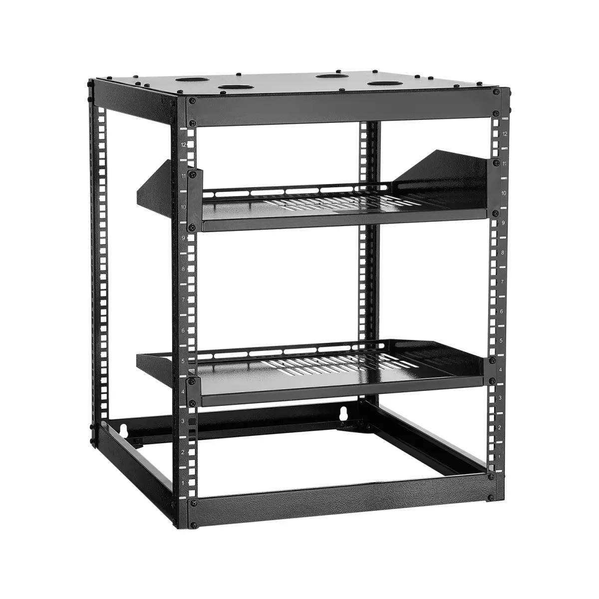 12U Open Frame Carbon Steel Network Rack - Heavy-Duty 4-Post Steel Utility Unit, 23 in Depth, Wall-Mounted/Floor-Standing with Vented Shelf, Mounting Hardware for Home IT Equipment, AV Gear Storage, Daily Office Use