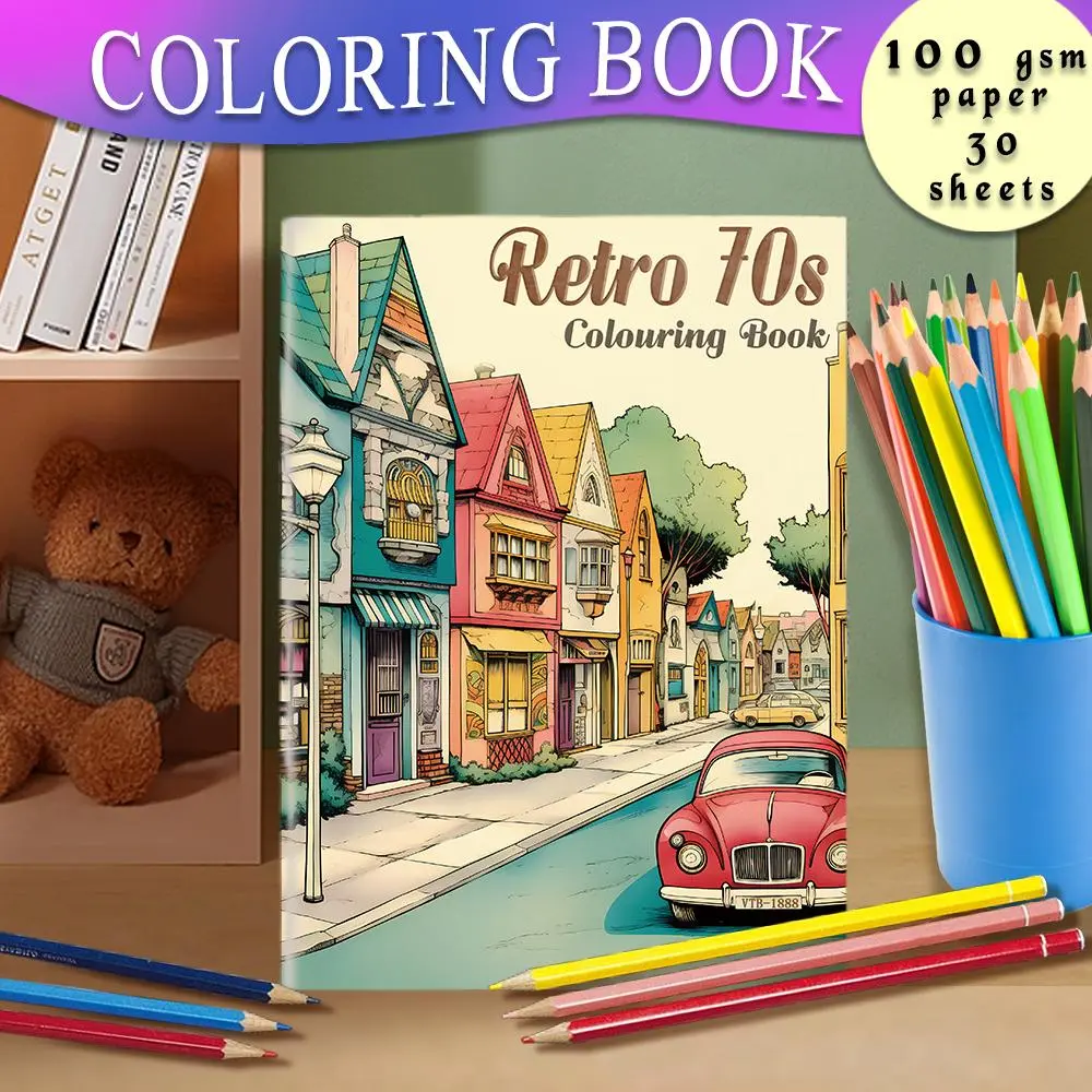 Retro 70s Colouring Book, 30 Sheets 100gsm Thick Paper Colouring Book, DIY Painting Supplies for Stress Relief, Holiday Gift, Back to School Gift