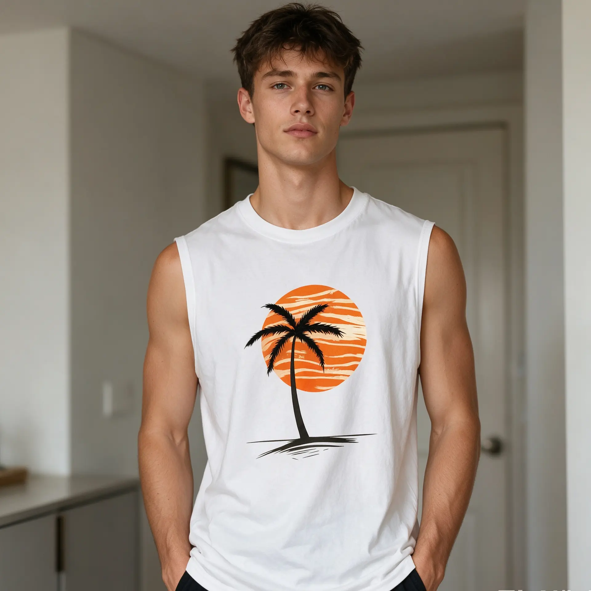 Tropical Graphic Muscle Tank Top for Men, Retro Oversized Cotton Menswear for Beach Workouts & Outdoor Sport, Muscle Shirt, Sporty Chic, Normal Type, Cold Wash, Machine Washable, Regular
