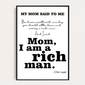 Mom I Am A Rich Man Poster Cher Newspaper Print Black White New York News Monotone Girl Boss Dorm Retro Wall Art Unframed Canvas Wrap Frame