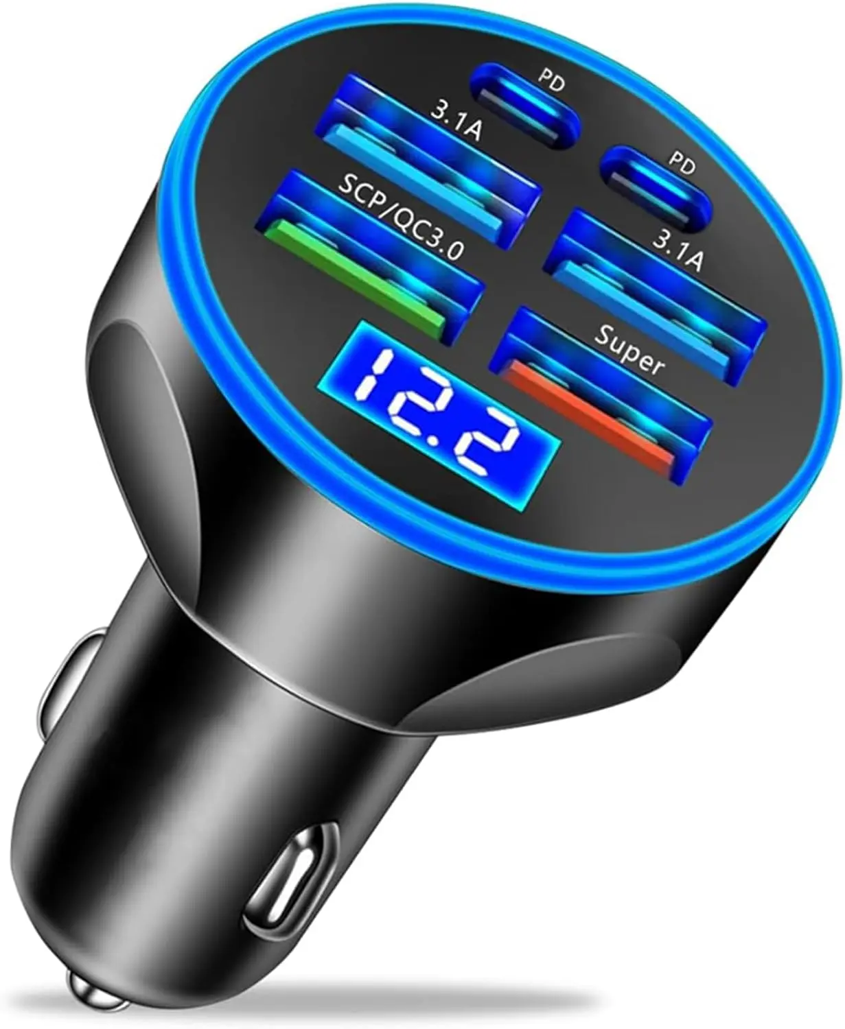 250W Super Fast USB C Car Charger Adapter, 6-in-1 Multi-Port Cigarette Lighter USB Charger with LED Voltage Display, Fast Charging for iPhone 16 15 14 13 12, Samsung Galaxy, Pixel (Black)