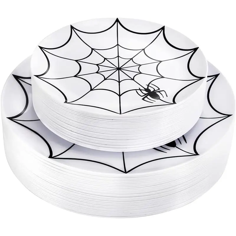 60Pieces Halloween Plates Disposable Plastic - White and Black Plates with Cobwebs Halloween Dinnerware include 30PCS 10.25inch Plates and 30PCS 7.5inch Plates for Halloween
