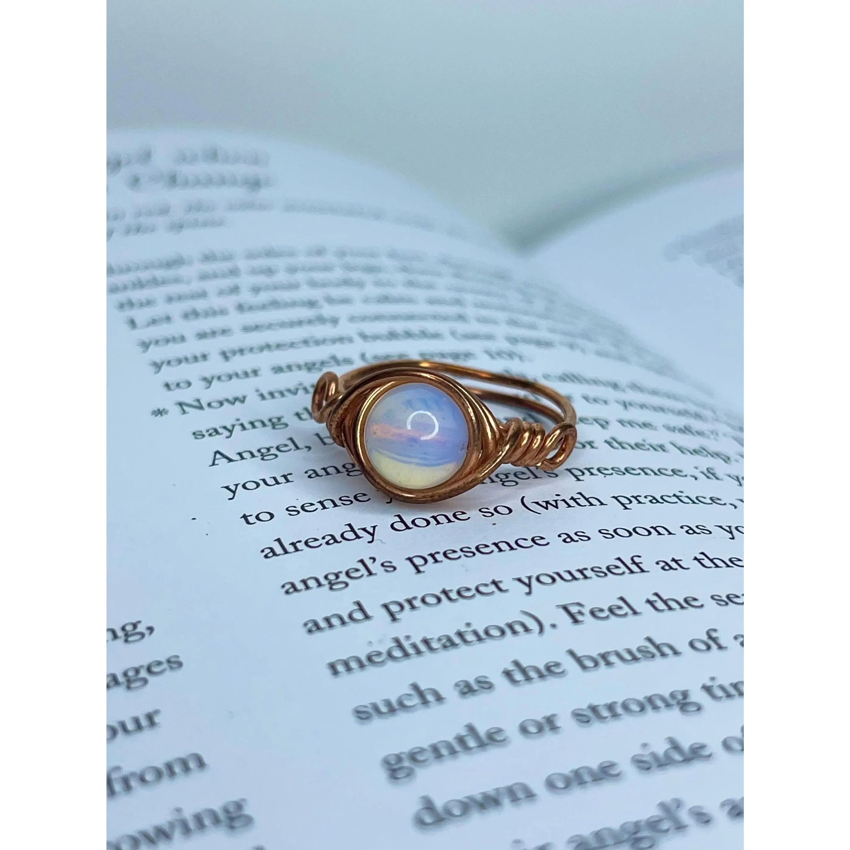 Opalite Copper Wire Ring Handmade with Genuine Copper Healer Motivation Communication Self-Worth Aphrodisiac Creativity Libra Planet Venus Mars Air Crown Chakra
