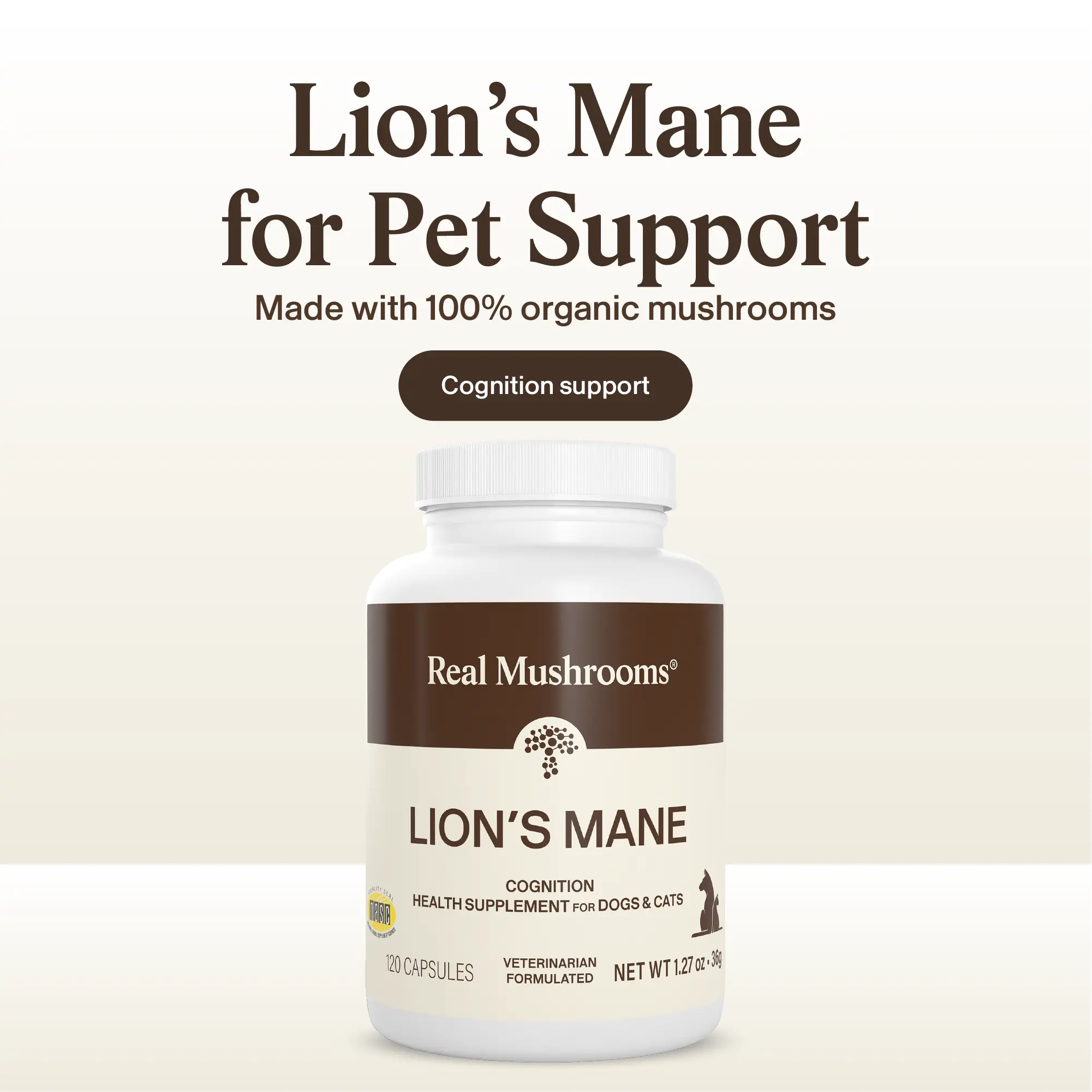 Real Mushrooms Lion's Mane for Pets | Organic Extract 300mg | Vet Formulated Dr Rob Silver DVM | NASC Certified | Gluten Free Non GMO Vegan | 120 Capsules