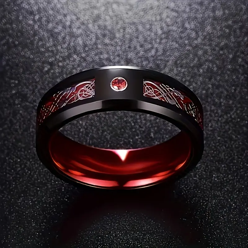 Black Tungsten Carbide Ring for Men - Dragon Pattern Inlaid, Red Cubic Zirconia Accented, Beveled Edge, Comfort Fit, Hypoallergenic, Scratch-Resistant, Wedding and Engagement Band