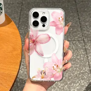 Girly Magnetic Case for iPhone11/12/13/14/15/16/promax, Pink lilies MagSafe Ready, Slim Fit, Drop-Proof | Perfect for Soft Girl Aesthetic
