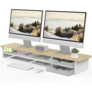 Fenge Monitor Stand, Dual Monitor Riser, 42.5inch Large Desk Computer Monitor Stand Riser with Drawer, 2 Tier Wood & Acrylic Desktop Organizer for Computer, Laptop, Printer, TV Screen Riser