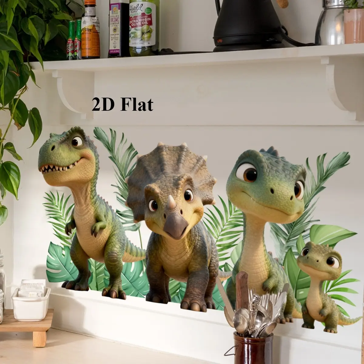 1Pc (30*60cm) 2D Flat Cartoon Dinosaur Wall Sticker, Decorative Sticker, Jurassic Tropical Leaves Theme, Self-adhesive Wall Decor for Boys Room