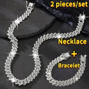 2PCS/Set AAA+Rhinestones Cuban Link Necklace and Bracelet Set - Unisex Punk Style Hip Hop Jewelry Gift