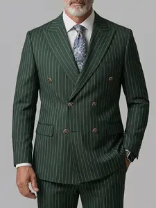 Men's 2-Piece Suit Set, Notched Lapel Striped Classic Casual Blazer, Elastic Waist Belt Long Pants, Ideal for Weddings, Outdoor Dates, Parties
