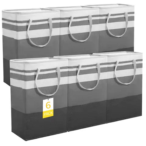 6-Pcs Gray 75L Waterproof Freestanding Laundry Baskets - Tall Collapsible Clothes Hampers with Handles, Wipe-Clean Interior, for Bedroom, Travel, Business Storage Needs