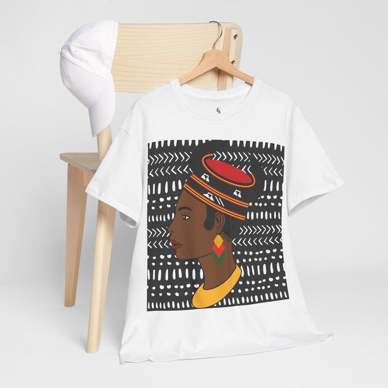 African Lady in Bamenda Bamileke Hat Unisex Tee, Ethnic Mudcloth T-Shirt, Black Boho Shirt, Festival Clothing, Afrocentric Top