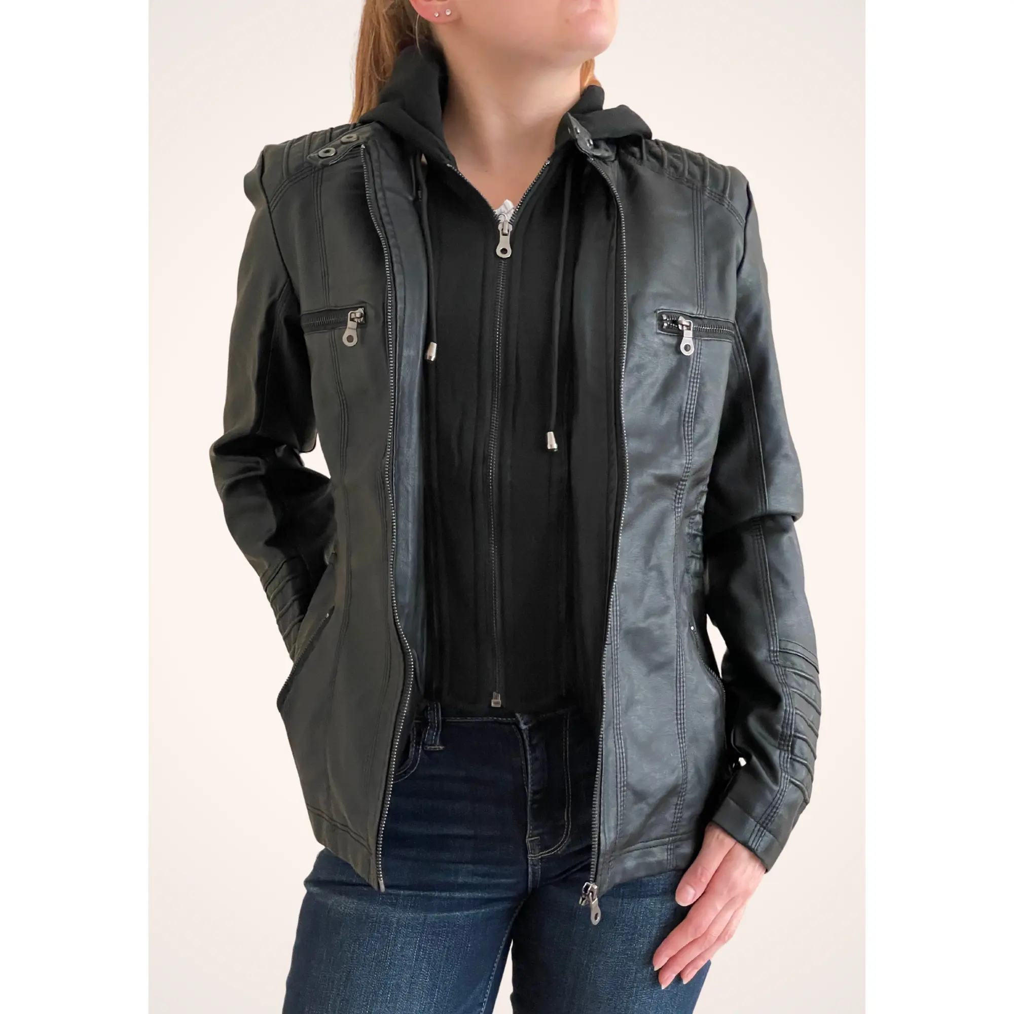Women's Black Leather Jacket with Removable Hood Women's Black Leather Jacket with Removable Hood