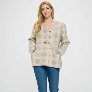 Baciano Neutral Tone Diamond Pattern Sweater Top Casual Diamond Print Fall Collection Women's Top