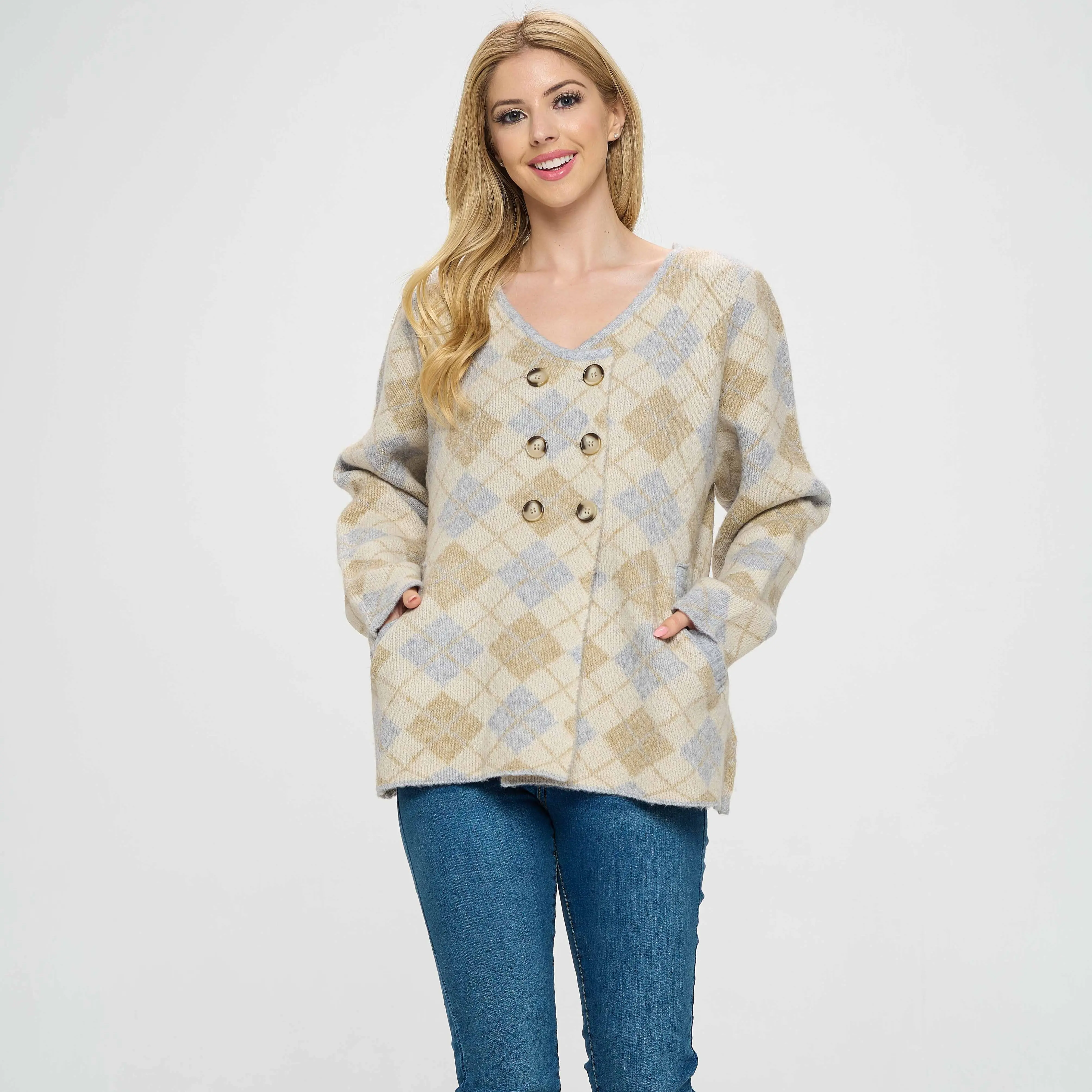 Baciano Neutral Tone Diamond Pattern Sweater Top Casual Diamond Print Fall Collection Women's Top