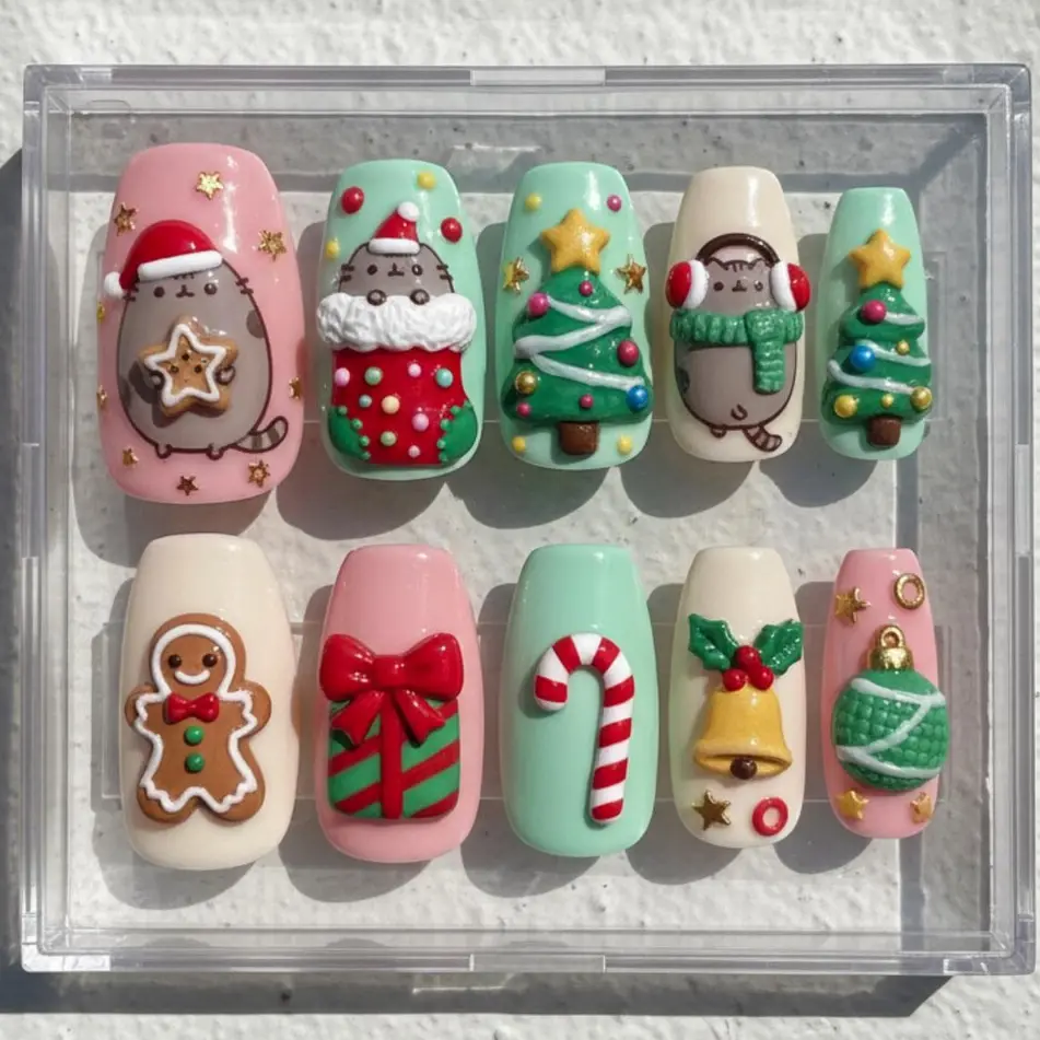 Pusheen Christmas Nails – Handmade 3D Kawaii Press On Nail Set, Cute Holiday Cat Nails with Christmas Tree, Candy Cane, Gingerbread Designs