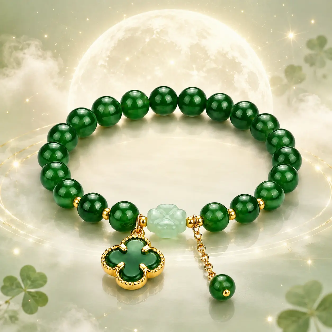 YLNWH Lucky Four-Leaf Clover Green Aventurine Bracelet - Manifest Wealth & Prosperity Crystal Charm