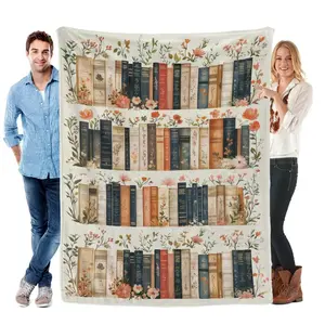 Vintage Bookshelf Library Throw Flannel Blanket, Cottagecore Book Wildlowers Blanket Gift For Book Lover Library Gift Floral Bookish Gift For Reader Libary Decor Reading Accessory,Mother's Day Gift, Book Lovers' Gift