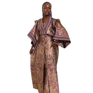 Chic Boubou Brocade Aso Oke with Stripes, Elegant Women's Fancy Outfit, Inner Waist Strap, Rich Auntie Style