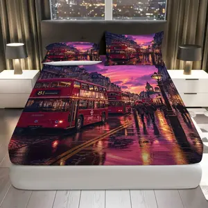 3Pcs London Bus Night City Fitted Sheet Three Piece Set (1*Fitted Sheet+2*Pillowcases, Coreless), Urban Night theme, Cityscape Bedding Set, Mattress protector Soft, Breathable
