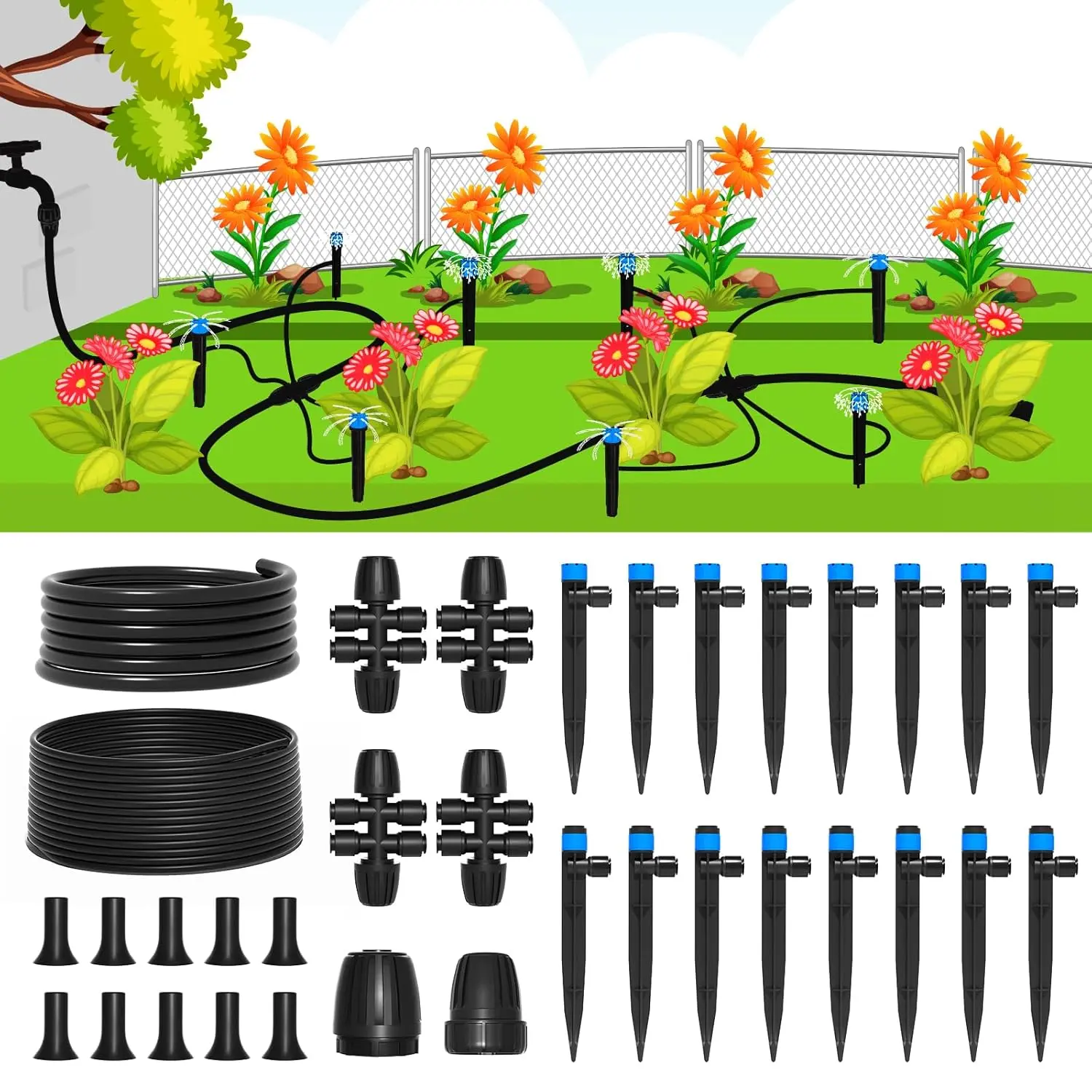 Automatic Drip Irrigation Kit, Easy Install Garden Watering System with Quick Connect Fittings for Plants, Lawn & Greenhouse (95FT Total Tubing)