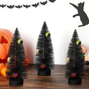 Halloween Desktop Decor, Glittered Bottlebrush Tree with Eyeball Ornaments, Gothic Spooky Mini Artificial Tree, 20cm Compact Indoor Ornament for Home Party Scene Decoration