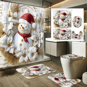 1/4pc Christmas-themed Snowman and Gold Floral Shower Curtain Set, including shower curtain, toilet seat cover, rectangular mat, and U-shaped mat. Perfect for bathroom décor, Bathroom decoration accessories, comes with 12 hooks