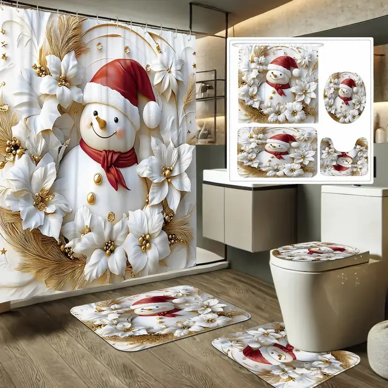 1/4pc Christmas-themed Snowman and Gold Floral Shower Curtain Set, including shower curtain, toilet seat cover, rectangular mat, and U-shaped mat. Perfect for bathroom décor, Bathroom decoration accessories, comes with 12 hooks