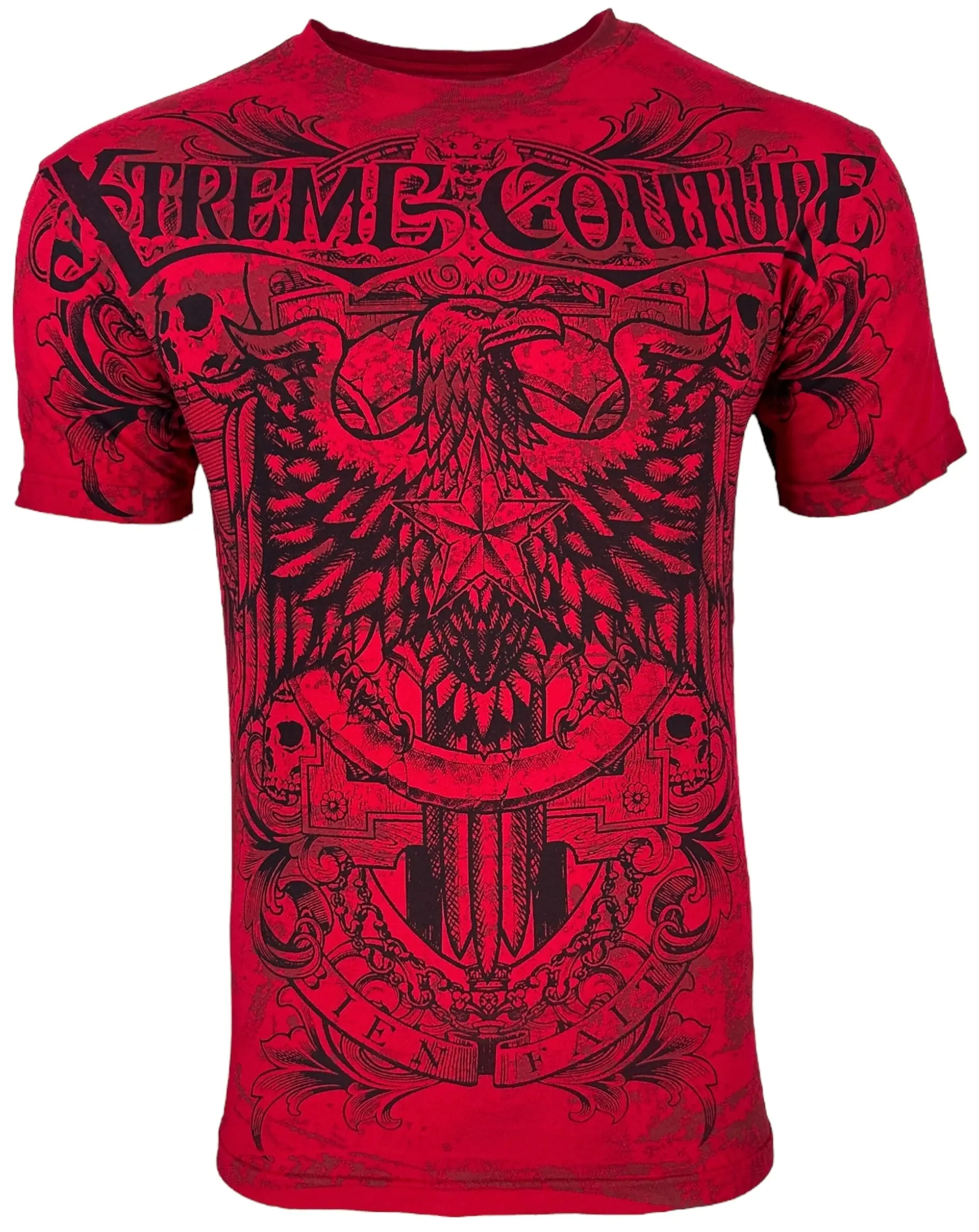 Xtreme Couture Men's Patron 100% Cotton Lightweight Fitted Crew Neck Graphic Tee - Menswear, Gothic Style Short-Sleeve Top with Front & Back Full Prints, Casual Biker T-Shirt, Size L