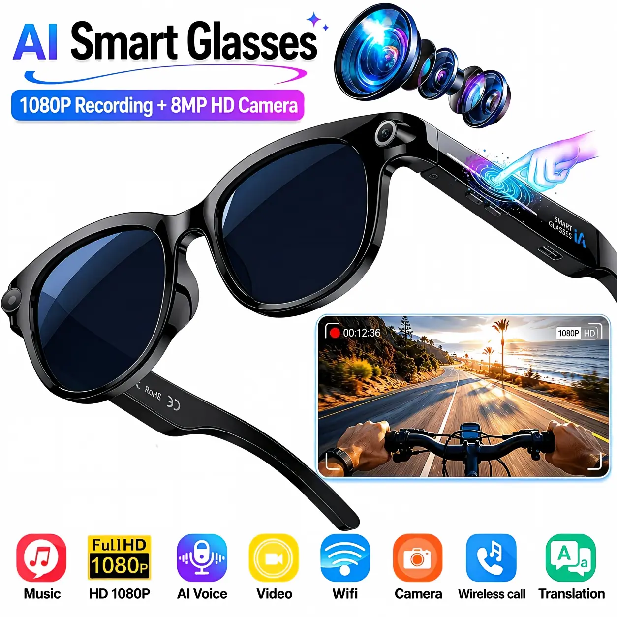 Classic Multifunctional Smart Video Recording Glasses - 8MP HD Wearable Cam Digital Camera, 1080P POV Video, 8MP Photos, Realtime Transl, Photochromic Lenses, Bluetooth Calls, Bluetooth Music, Adults' Black Recording Glasses