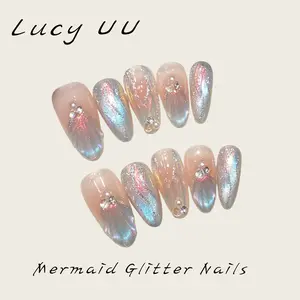 【Lucy UU】Mermaidcore Iridescent Shell Press-On Nails Handmade 3D Scale Glitter Acrylic Fake Nails Aurora Dreamy Oval Reusable