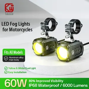 KEWIG K11 Motorcycle Auxiliary LED Light Kit Driving Spotlights White/Amber Fog Light with Mount Brackets Wire Harness Waterproof 60W Offroad Work Lights Compatible with Motorcycle, Jeep, Car, Truck