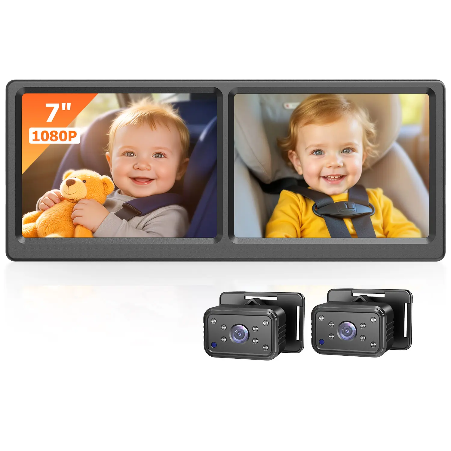 Baby Car Camera for 2 Kids, 7 Inch HD 1080P Split Screen Dual Car Camera Baby Monitor, 150° Wide View with 2 IR Night Vision, Easily Install with Crystal Clear Wide View