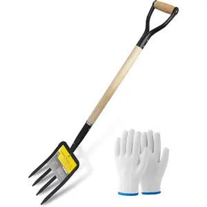 Garden Fork, 4-Tine Spading Digging Fork, Pitch Fork-45Inch, Forged Steel Y-Grip,  Handel-Red
