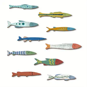 Explorinox 10 Pcs Wooden Fish Wall Decor Hanging Coastal Beach Art for Ocean Nautical Decor Vintage Fish Sculpture Lake House Bathroom Living Room Ornaments Hangable