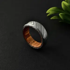 Mens Whiskey Barrel Wedding Band 10mm Mens Wedding Ring Mens Engagement Rings Damascus Steel Rings Wood Ring Male Promise Ring Wedding Bands