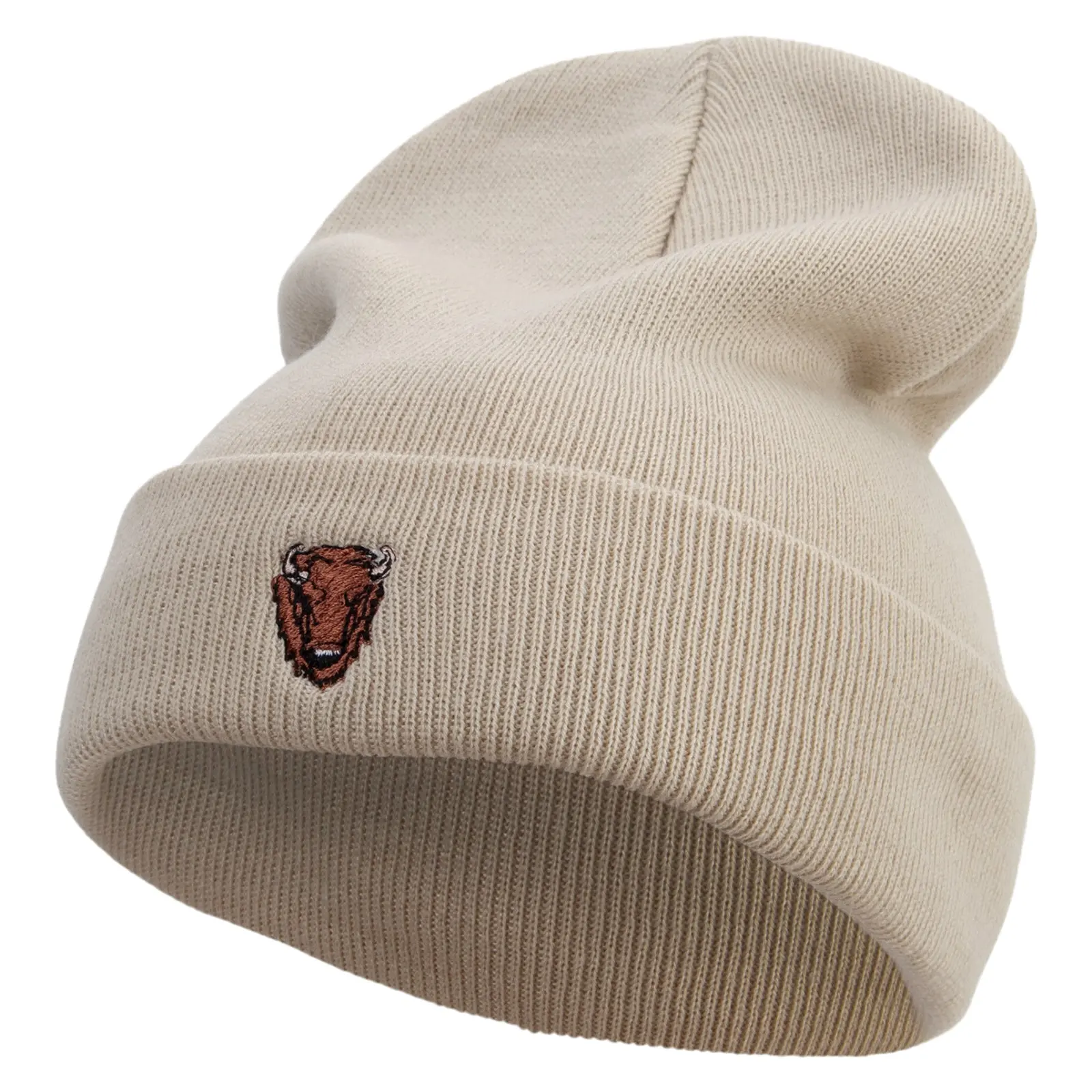 Angry Bison Head Embroidered 12 Inch Long Knitted Beanie
