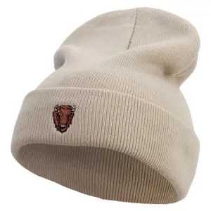 Angry Bison Head Embroidered 12 Inch Long Knitted Beanie